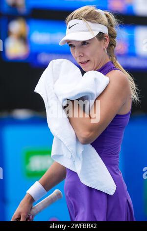 Katie Boulter de Grande-Bretagne en action lors des quarts de finale de l’ITF Women’s World tennis Tour W60 2023 à Canberra, en Australie Banque D'Images