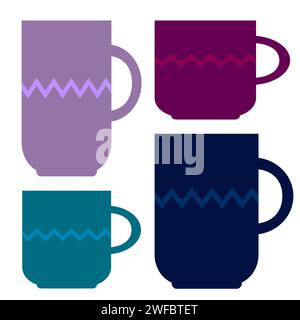 Ensemble de grandes tasses colorées. Motif zigzag. Violet, rose, bleu, violet signe. Elément de cuisine. Illustration vectorielle. Image de stock. SPE 10. Illustration de Vecteur