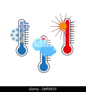 Signe de thermomètres de dessin animé. Thermomètres de dessin animé. Météo différente. Icône pour la conception médicale. Illustration vectorielle. image de stock. SPE 10. Illustration de Vecteur