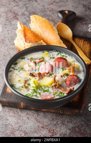 Zalewajka est une soupe polonaise traditionnelle à base de soupe de blé entier, saucisse fumée, bacon fumé aromatique et légumes-racines gros plan sur le pl Banque D'Images