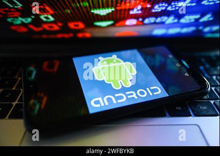 Pologne. 30 janvier 2024. Dans cette illustration photo, un logo Android est affiché sur un smartphone avec des pourcentages boursiers en arrière-plan. Crédit : SOPA Images Limited/Alamy Live News Banque D'Images