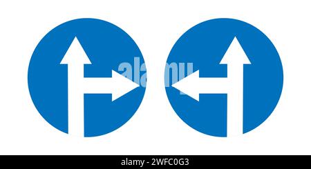 Tournez à droite ou à gauche. Continuez tout droit. Icône de navigation. Panneaux de signalisation routière. Cercles bleus. Illustration vectorielle. Image de stock. SPE 10. Illustration de Vecteur