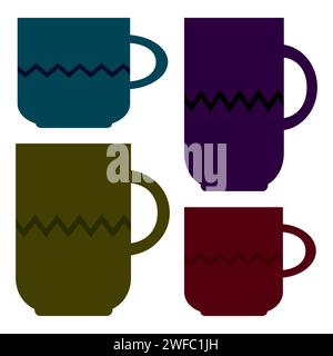 Différentes icônes de tasse définies. Bleu, violet, vert, rouge. Grand et petit signe. Motif en zigzag. Illustration vectorielle. Image de stock. SPE 10. Illustration de Vecteur