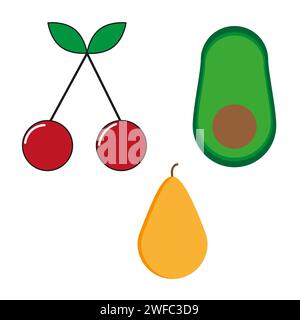 Icône fruits. Cerise rouge. Poire jaune. Avocat vert. Heure d'été. Style dessin animé. Illustration vectorielle. Image de stock. SPE 10. Illustration de Vecteur