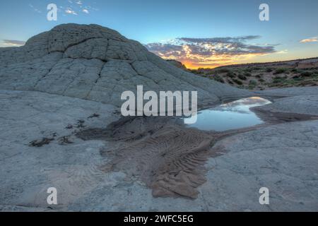 Reflet du coucher du soleil dans une piscine éphémère dans la White Pocket Recreation Area, Vermilion Cliffs National Monument, Arizona. Banque D'Images