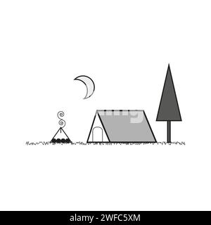 icône de lune de feu de joie de tente noire. Vacances d'été. Illustration vectorielle. image de stock. SPE 10. Illustration de Vecteur
