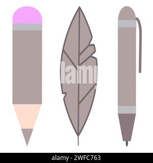 Fournitures pédagogiques. Icône crayon. Signe de plume. Insigne de bille. Élément lettres. Illustration vectorielle. Image de stock. SPE 10. Illustration de Vecteur