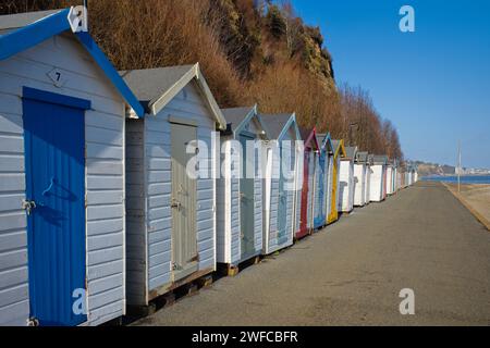 Sentier côtier à Shanklin, île de Wight avec des cabanes de plage colorées Banque D'Images