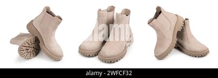 Une paire de demi-bottes pour femme en daim sur fond blanc. Chaussures mi-saison stylées pour femme Banque D'Images