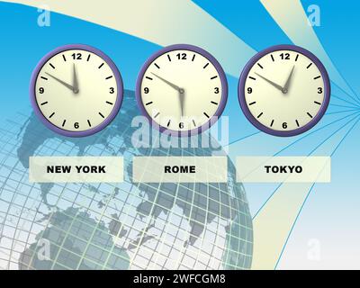 Trois horloges montrant différents fuseaux horaires, la Terre sur fond. Illustration numérique. Banque D'Images