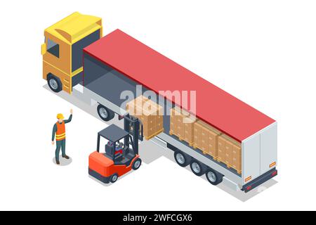 Chariot élévateur isométrique chargeant les boîtes d'emballage sur palette dans le conteneur de cargaison. Livraison et logistique, stockage et camion, Industrie du transport Illustration de Vecteur