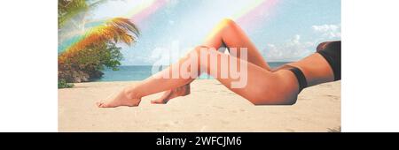 Bannière promotionnelle pour clinique cosmétologique. Traitement de beauté, épilation, épilation, épilation au laser. Jambes féminines minces couchées sur la plage Banque D'Images