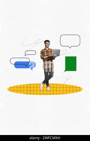 Image créative poster vertical collage debout jeune travailleur freelance homme naviguant sur ordinateur portable nouant des messages communication Internet Banque D'Images