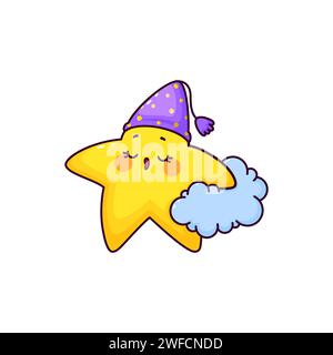 Dessin animé mignon drôle kawaii star et personnage scintillant dort paisiblement sur un nuage moelleux, orné d'un bonnet de nuit douillet. Vecteur isolé adorable personnage cosmique dans son havre de nuit céleste de rêve Illustration de Vecteur