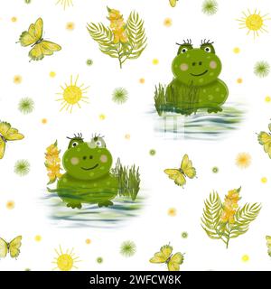 Grenouille amusante dans le marais. Modèle sans couture avec une grenouille dans l'eau et des fleurs. Un papillon avec une grenouille. Modèle pour enfants pour textiles, papeterie et Banque D'Images