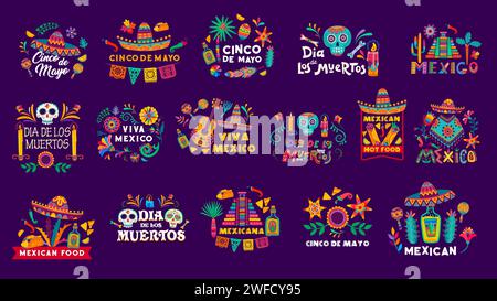 Étiquettes de vacances mexicaines. Vector Dia de los muertos, Cinco de Mayo, lettrage de dessin animé Viva mexico avec des éléments festifs. Typographie créative avec des symboles latins traditionnels pour les cartes de vœux et le décor Illustration de Vecteur
