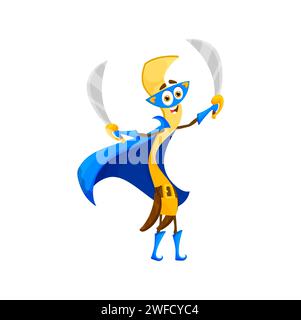 Personnage de super-héros italien de pâtes de dessin animé fettuccine. Vecteur isolé vivant personnage de nouilles super héros, porter une cape, un masque et des épées d'armes, prêt à combattre la faim et à apporter de la joie à la table du dîner Illustration de Vecteur