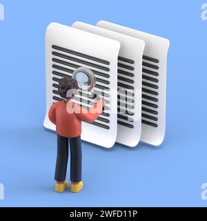 image isométrique sur un fond bleu, un homme en costume d'affaires regarde à travers un document papier loupe, étudiant la documentation Banque D'Images