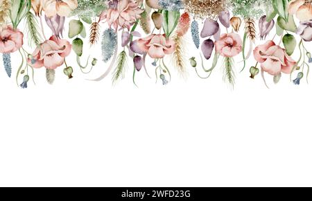 Fleurs de prairie de fond aquarelle. Cadre Flora fait de fleurs sauvages. Dessin de conception de mariage. Banque D'Images
