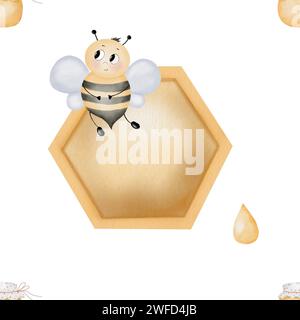 Motif sans couture pour bébé aquarelle avec des abeilles mignonnes et des pots de miel. Insectes de dessin animé et gouttes sucrées. Kawaii illustration pour l'impression sur les enfants Banque D'Images