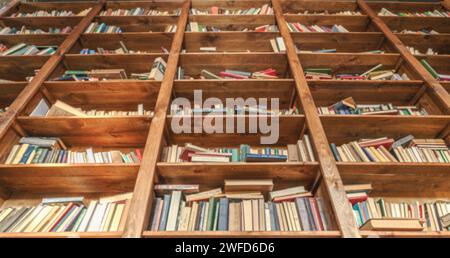 Image floue de la vieille bibliothèque avec vue de dessous de la coquille mettant en vedette Vintage Shabby Books. Touche intemporelle et classique à la scène, mettant l'accent sur les caractéristiques âgées et usées des livres antiques. . Photo de haute qualité Banque D'Images