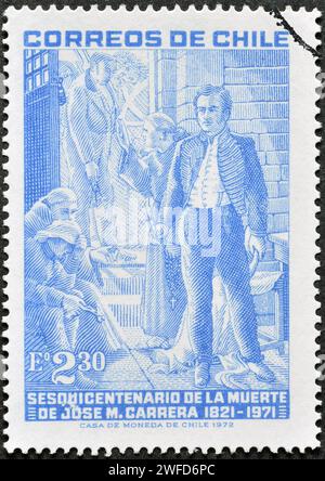 Timbre-poste annulé imprimé par le Chili, qui montre José Miguel Carrera (1785-1821), 150 anniversaire de la mort de José Miguel Carrera, vers 1973. Banque D'Images