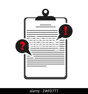 Tablette plate avec un clip, des informations importantes sont écrites sur un document papier, faites attention, alertez avec un point d'exclamation, un rappel à ne pas oublier Illustration de Vecteur