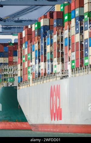 Porte-conteneurs dans le port de Felixstowe, le plus grand port à conteneurs du Royaume-Uni Banque D'Images