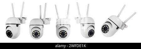 Ensemble de caméra CCTV ip moderne isolé sur fond blanc. Caméras d'enregistrement intelligentes pour la surveillance toute la journée et la nuit. Concept de surveillance et Banque D'Images