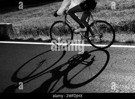 ombre du cycliste sur le vélo de course sur la route en contre-jour avec effet de tons très sombres et dramatiques idéal comme arrière-plan pour le concept sportif Banque D'Images