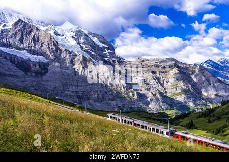 Paysage suisse idyllique. Pâturages verts, sommets enneigés des montagnes des Alpes et voie ferrée avec le train de passage. Station Kleine Scheidegg, Switzerl Banque D'Images