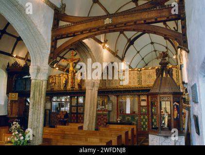 Vue ne depuis l'allée S de St Protus et St Hyacinthe's Church, Blisland, Cornouailles, Angleterre, Royaume-Uni, montrant l'écran de rood de réplique victorienne. Banque D'Images