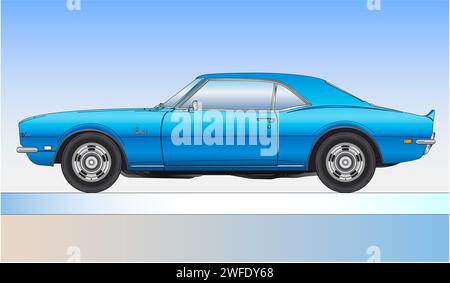 États-Unis États-Unis, année 1966, Chevrolet Camaro Z28 voiture vintage, silhouette colorée sur fond bleu, illustration Banque D'Images