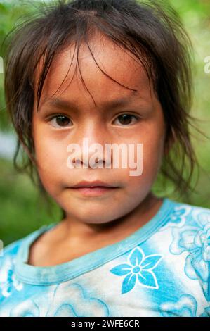 Les enfants se tenant sur la pirogue et à arbre dans petit village sur Rio El Tigre dans la forêt amazonienne, Loreto, Pérou Banque D'Images