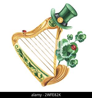 Saint Patrick ensemble d'objets chanceux : harpe dorée, fer à cheval, pipe, le drapeau de l'Irlande, chapeau du leprechaun, coeurs, shamrock. Clipart aquarelle. Banque D'Images