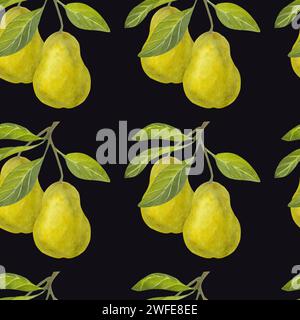 Motif sans couture de poires aquarelle. Fruits de miel jaune mûrs frais entiers avec des feuilles vertes. Illustration aquarelle dessinée à la main isolée sur sombre Banque D'Images