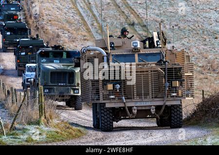 Salisbury Plain, Wiltshire, Royaume-Uni - février 11 2010 : Mastiff 2 de l'armée britannique, véhicule de patrouille blindé 6x6 roues motrices sur la zone d'entraînement de Salisbury Plain Banque D'Images