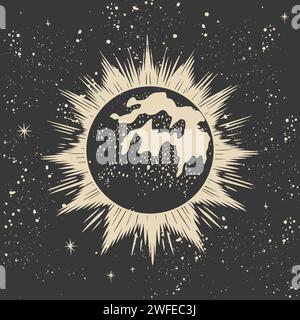 éclipse solaire, planète brillante avec des rayons de lumière sur un fond noir d'étoile cosmique. Carte d'astrologie vintage, phénomène astronomique, vecteur spatial Illustration de Vecteur