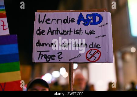 Bielefeld, Deutschland. 30 janvier 2024. 30.01.2024, Bielefeld, Demonstration gegen Rechts in Bielefeld, Schild : „Wenn die AfD die Antwort ist, wie dumm war denn die Frage ? Foto : Teresa Kroeger/RHR-FOTO/dpa/Alamy Live News Banque D'Images