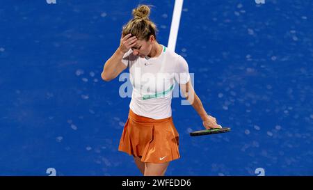 Jelena OSTAPENKO (LAT) vs Simona HALEP (ROU) lors de leur match de demi-finale simple dans le cadre des Dubai Duty Free tennis Championships WTA 500 le 18 février 2022 à Dubaï, Émirats arabes Unis. Photo de Victor Fraile / Power Sport Images Banque D'Images