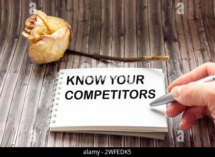 Écriture manuscrite CONNAISSEZ VOS CONCURRENTS, sur un fond en bois. Affaires, technologie, concept Internet. Banque D'Images