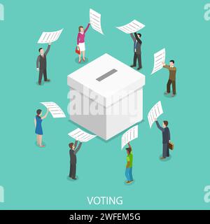 Télévision vote vecteur isométrique concept. Les gens mettent leurs bulletins de vote papier dans le grand fort. Illustration de Vecteur
