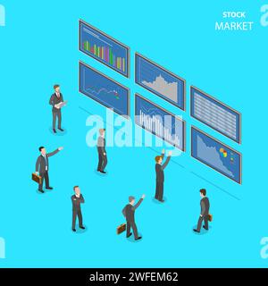 Stock Market télévision vecteur isométrique concept. Les gens en costumes sont debout devant de grands panneaux d'informations avec certaines données financières sur eux. Illustration de Vecteur