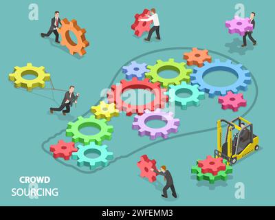 Télévision Crowdsourcing concept vecteur isométrique. Équipe de personnes sont le remplissage du contour de l'ampoule avec des engrenages de différentes tailles et couleurs, symbole t Illustration de Vecteur