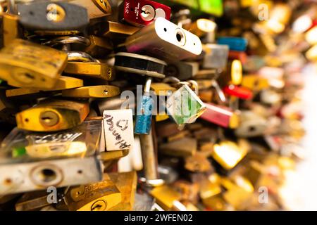 Budapest, Hongrie - 30 juin 2023 : serrures de mariage au parc de la ville Banque D'Images