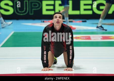 Casalecchio Di Reno, Italie. 28 janvier 2024. Giannelli Simone #6 de Sir Susa Vim Perugia vu en actin lors du match pour la médaille d’or “Del Monte Coppa Italia” SuperLega 23/24 entre Sir Susa Vim Perugia et Mint Vero volley Monza à l’Unipol Arena. Score final ; Pérouse 3:1 Monza. (Photo Marco Zaccagnini/SOPA Images/Sipa USA) crédit : SIPA USA/Alamy Live News Banque D'Images