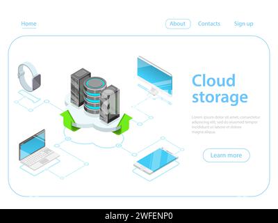 Concept vectoriel isométrique plat de stockage en ligne dans le cloud, service de traitement des données volumineuses, synchronisation des appareils mobiles. Illustration de Vecteur