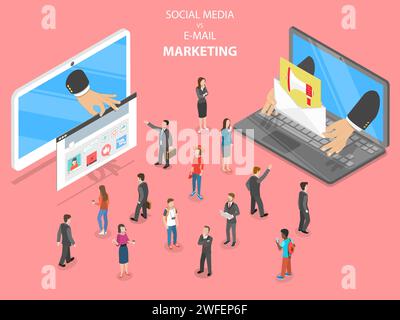 Les médias sociaux vs e-mail marketing télévision vecteur isométrique. Deux appareils avec différentes façon de marketing numérique essaient de capter l'attention de la cr Illustration de Vecteur