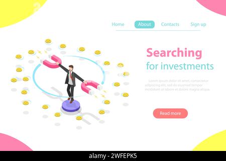 Concept de vecteur isométrique plat de serching pour l'investissement, l'analyse marketing, l'opportunité d'investissement. Illustration de Vecteur