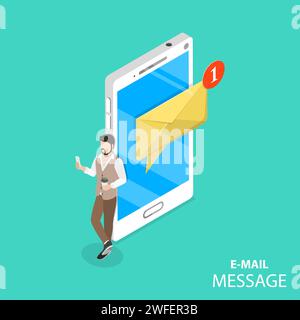 Concept de vecteur isométrique plat de notification par e-mail mobile. Un homme parcourt ses nouveaux messages sur son gadget debout à côté de l'énorme smartphone sans aucun Illustration de Vecteur